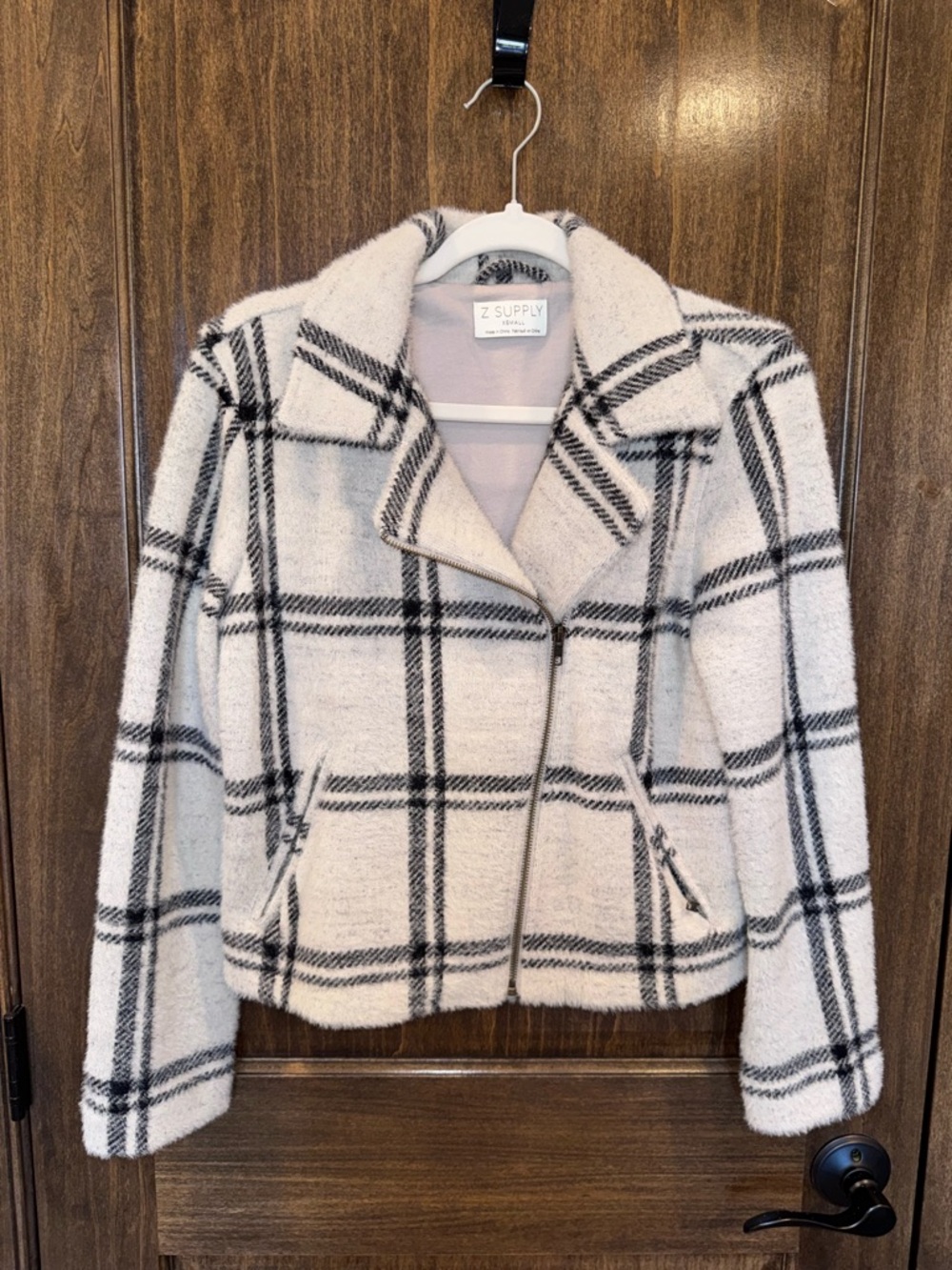 Z Supply Cream and Black Plaid Teddy Jacket